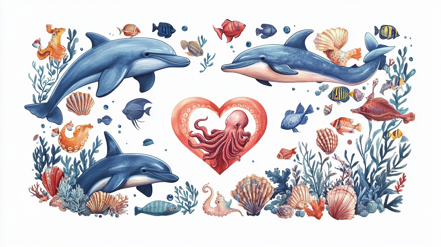 海洋生物爱心欢聚插画