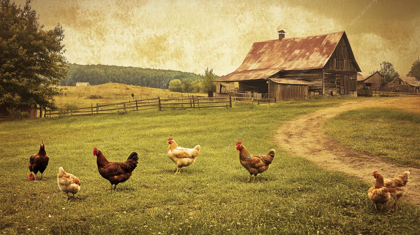 乡村农场漫步的鸡群