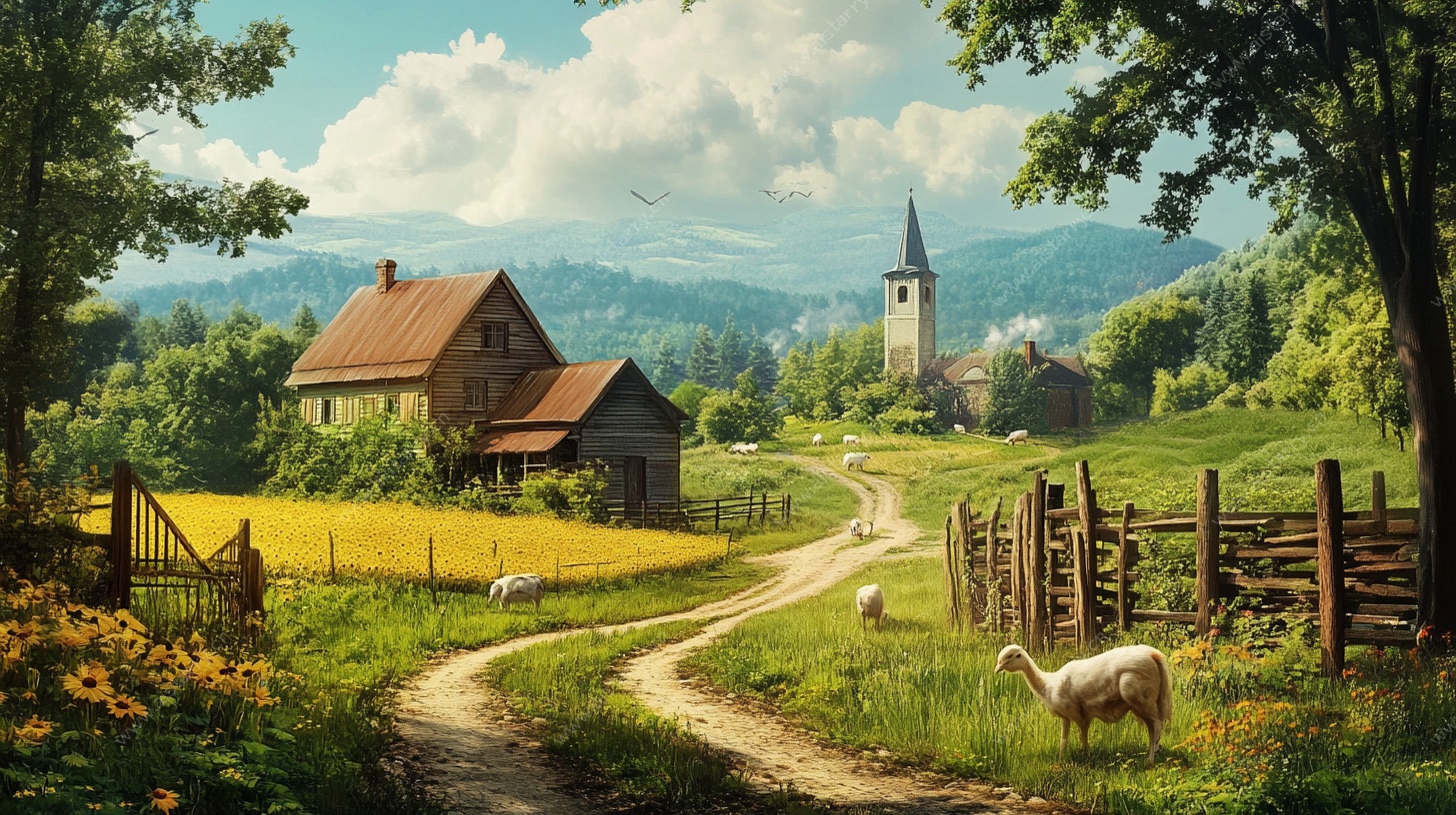 乡村田园风光油画场景