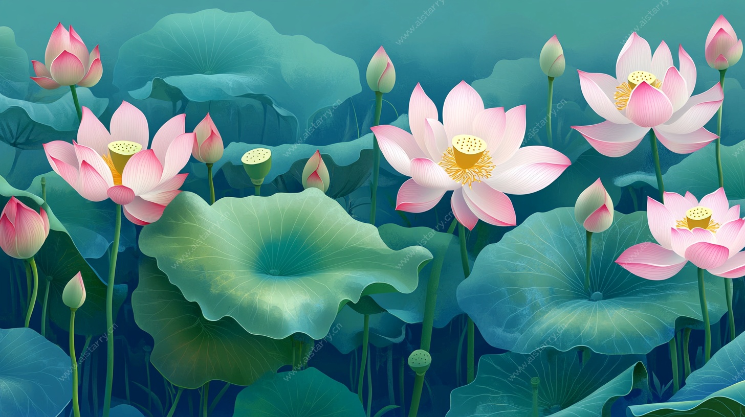 夏日荷塘荷花绽放图景