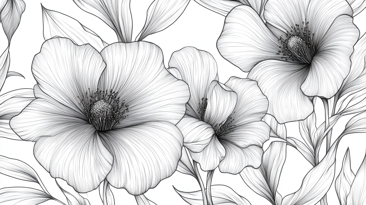 黑白花卉线条插画