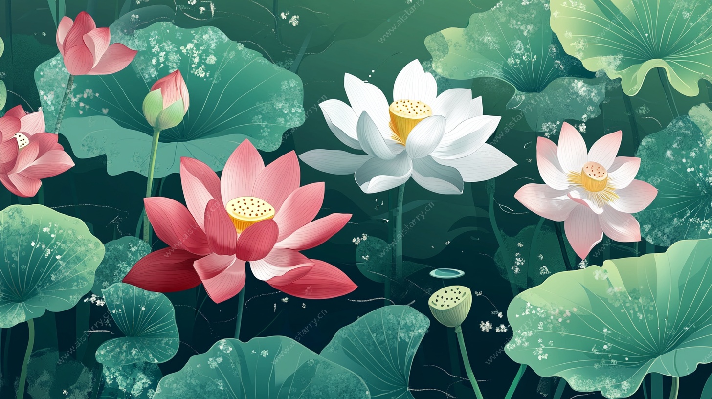 夏日荷塘荷花绽放图景