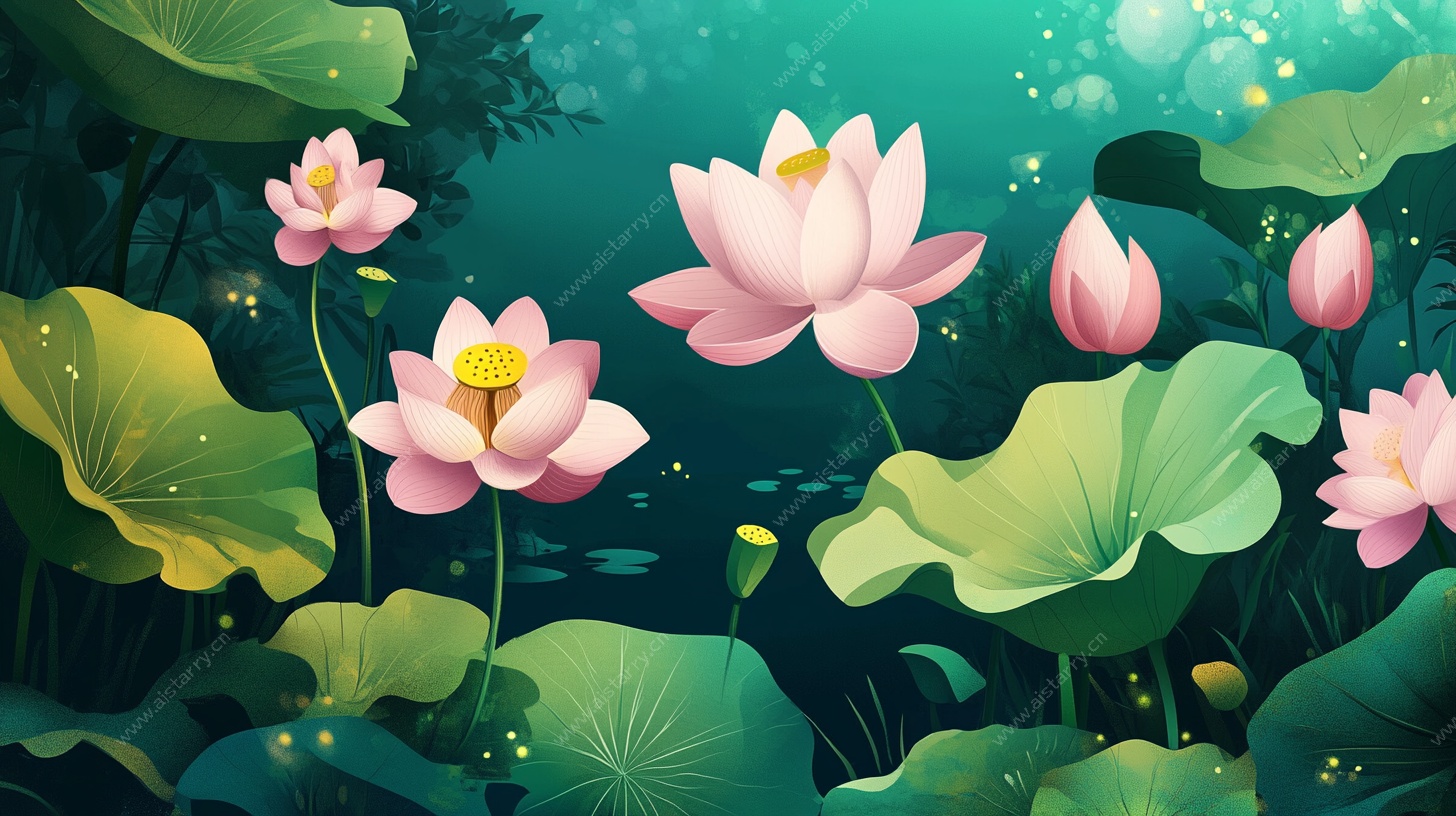 夏日荷塘梦幻插画