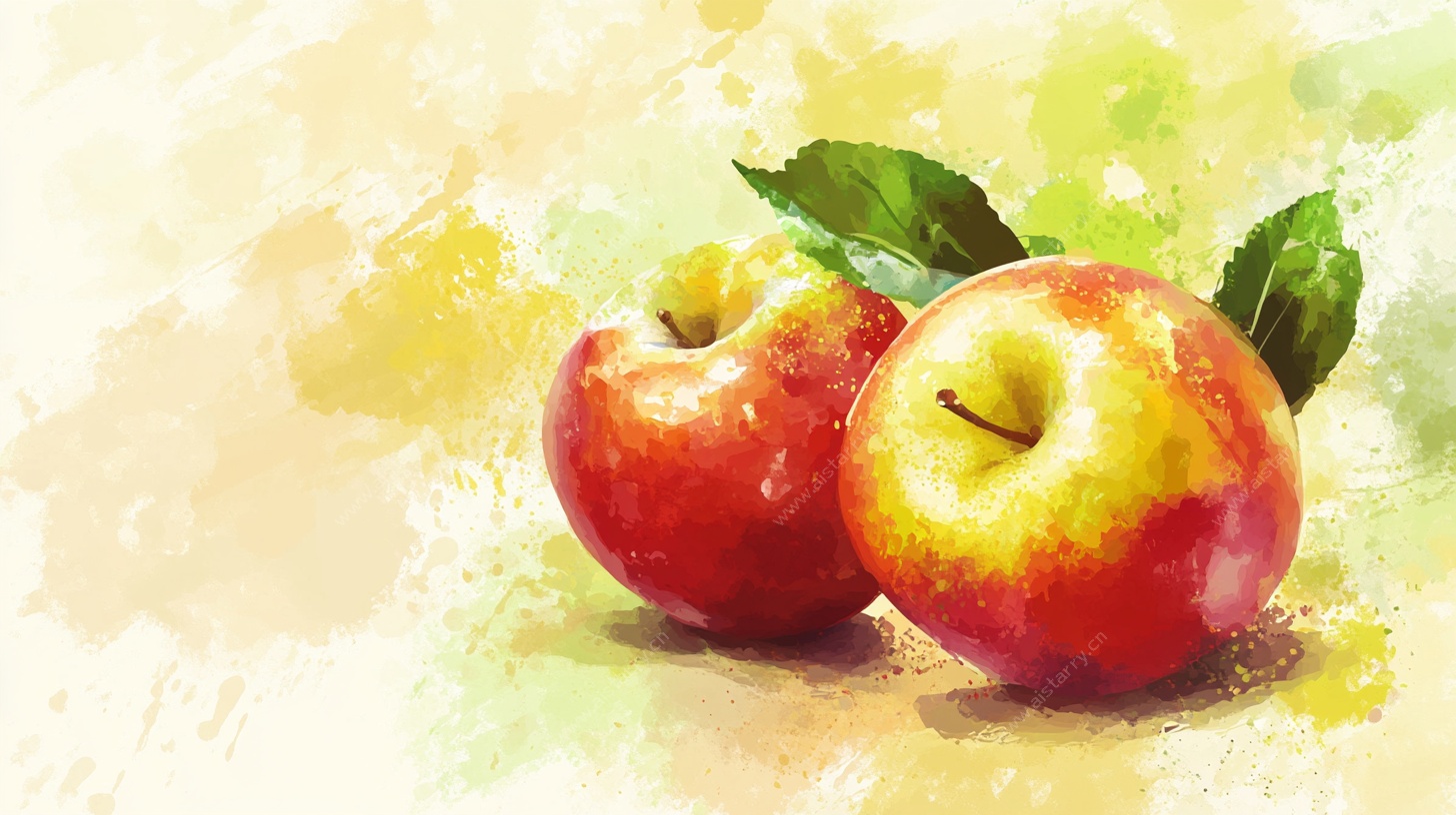 水彩双苹果画作