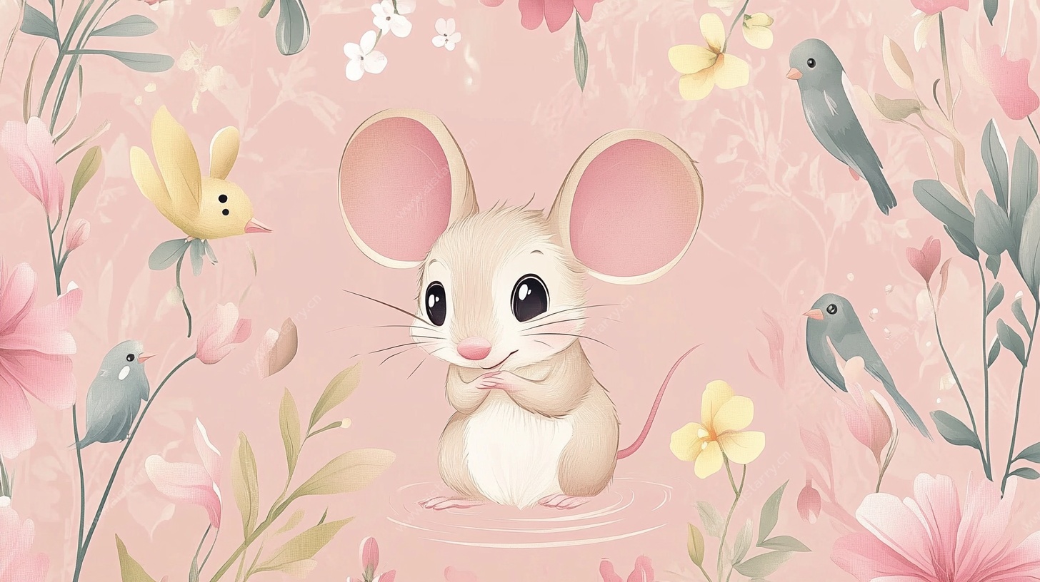 粉色萌鼠花卉插画场景