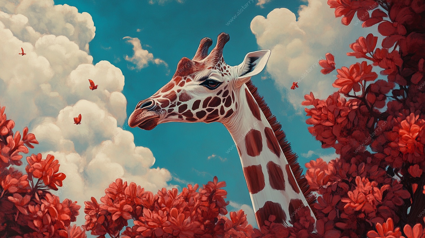 长颈鹿置身繁花蓝天间