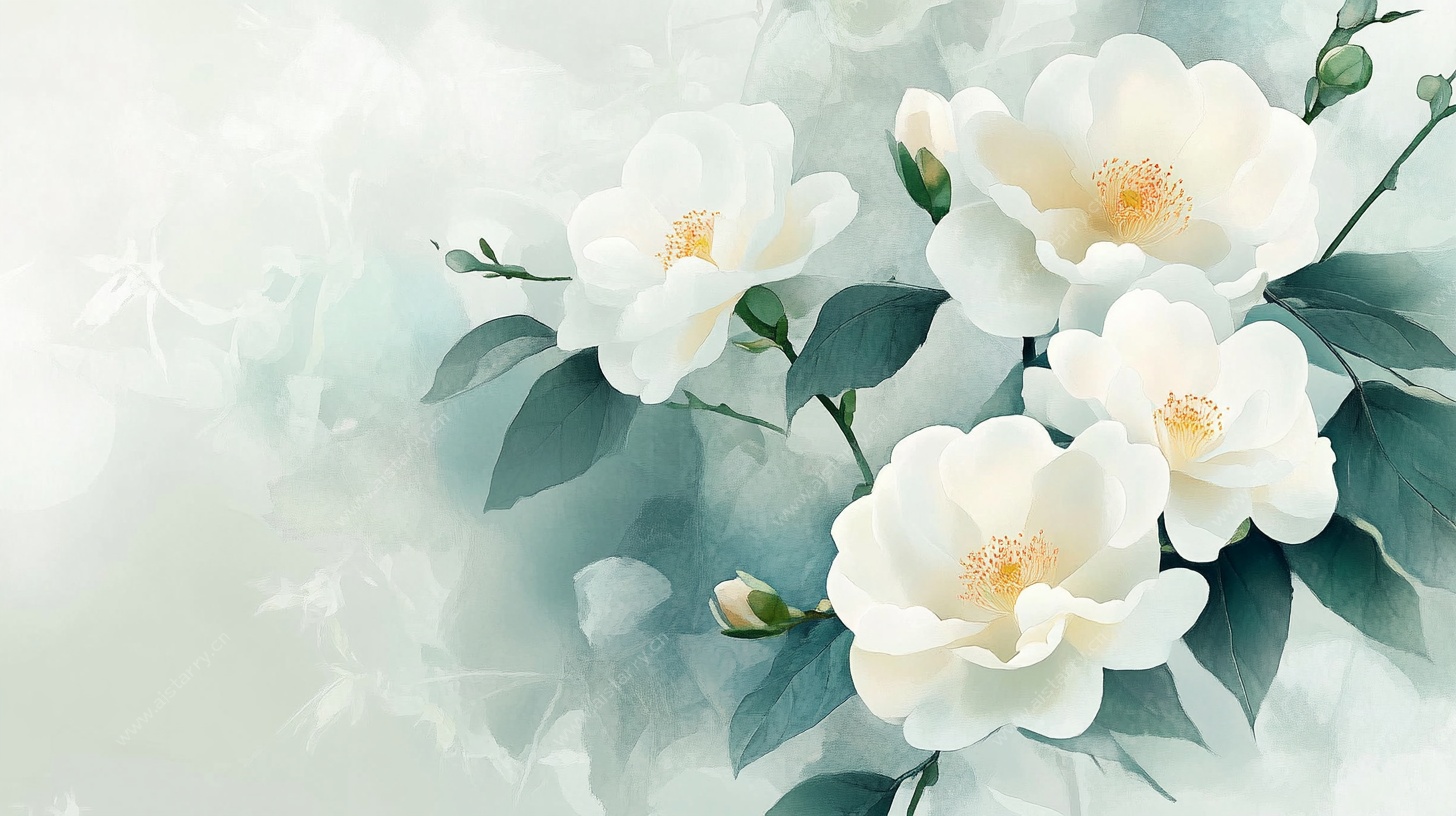 洁白山茶花清新插画