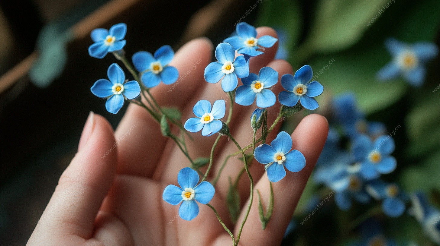 手捧蓝色勿忘草小花束