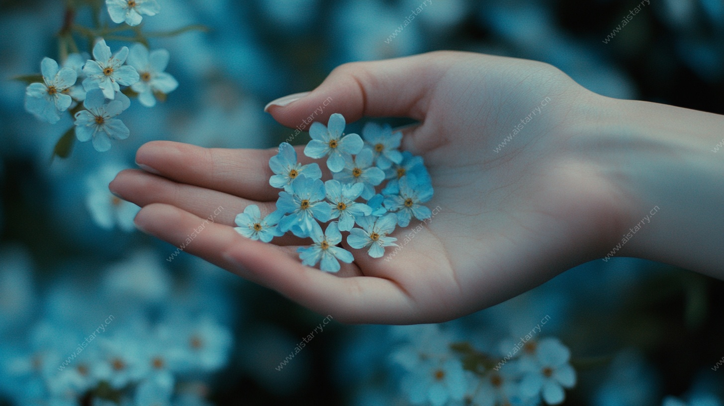 手捧蓝花的梦幻场景