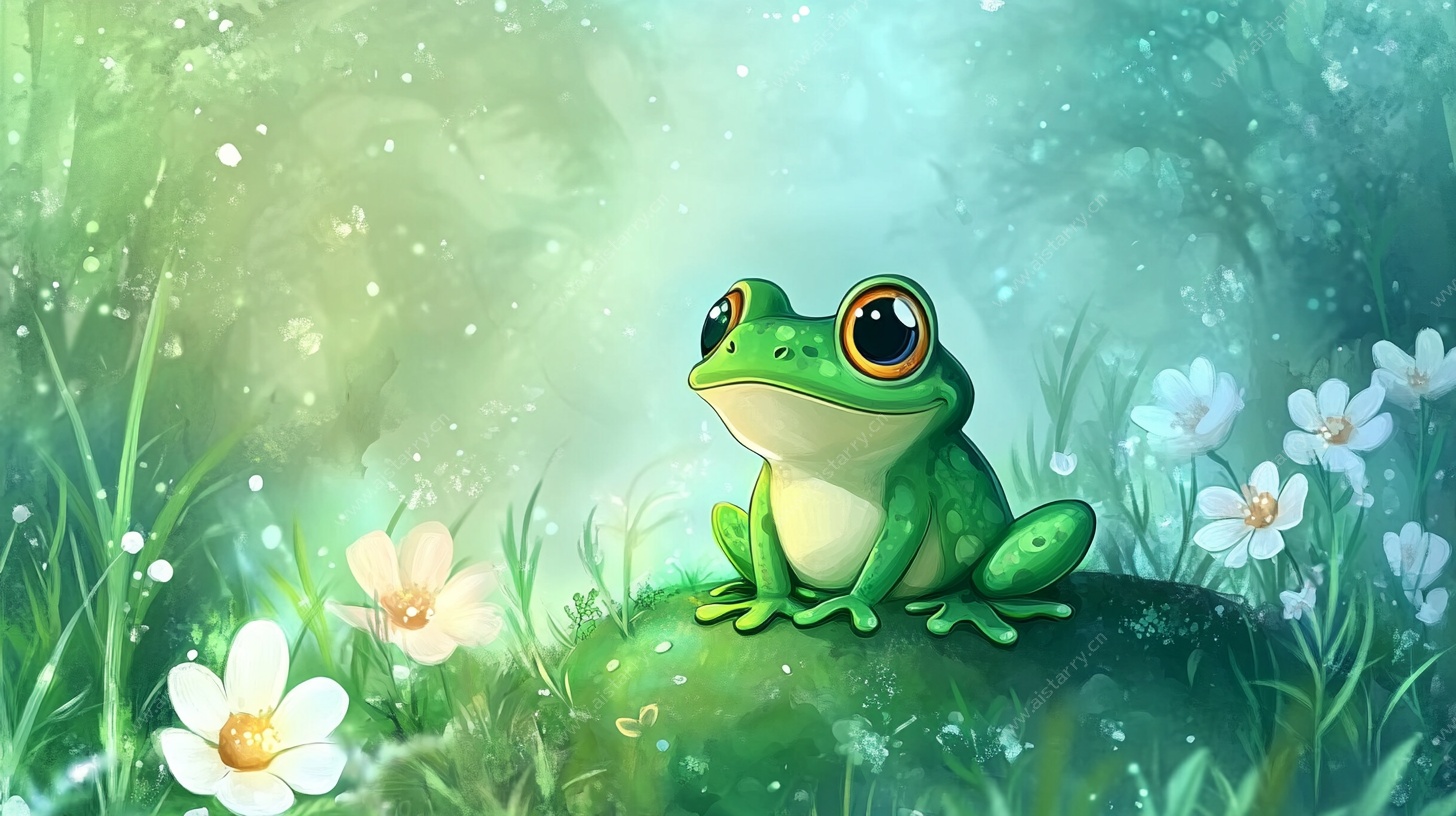 绿色青蛙的梦幻草地场景