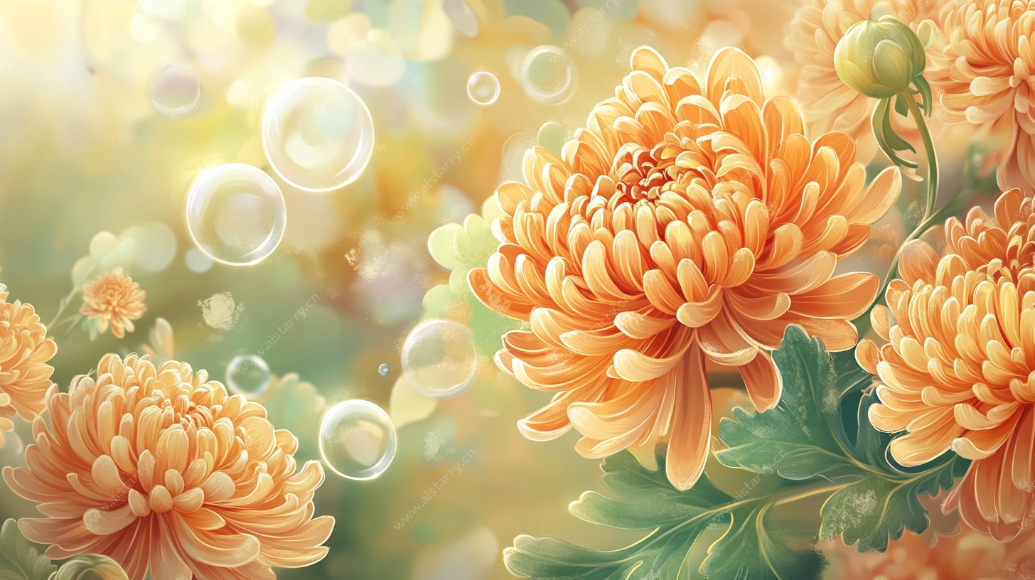 橙菊绽放梦幻泡泡世界