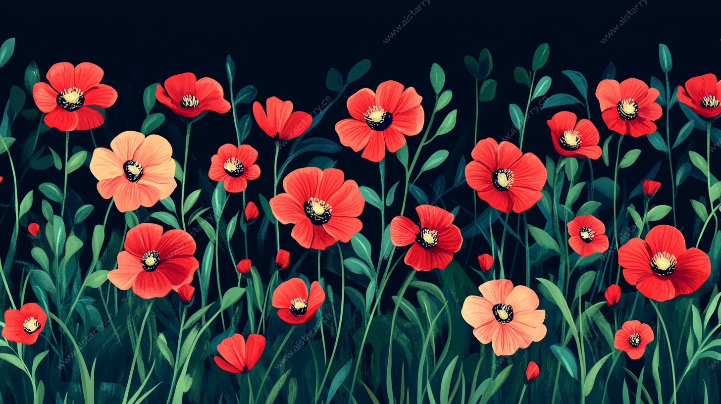 夜幕下的红罂粟花海