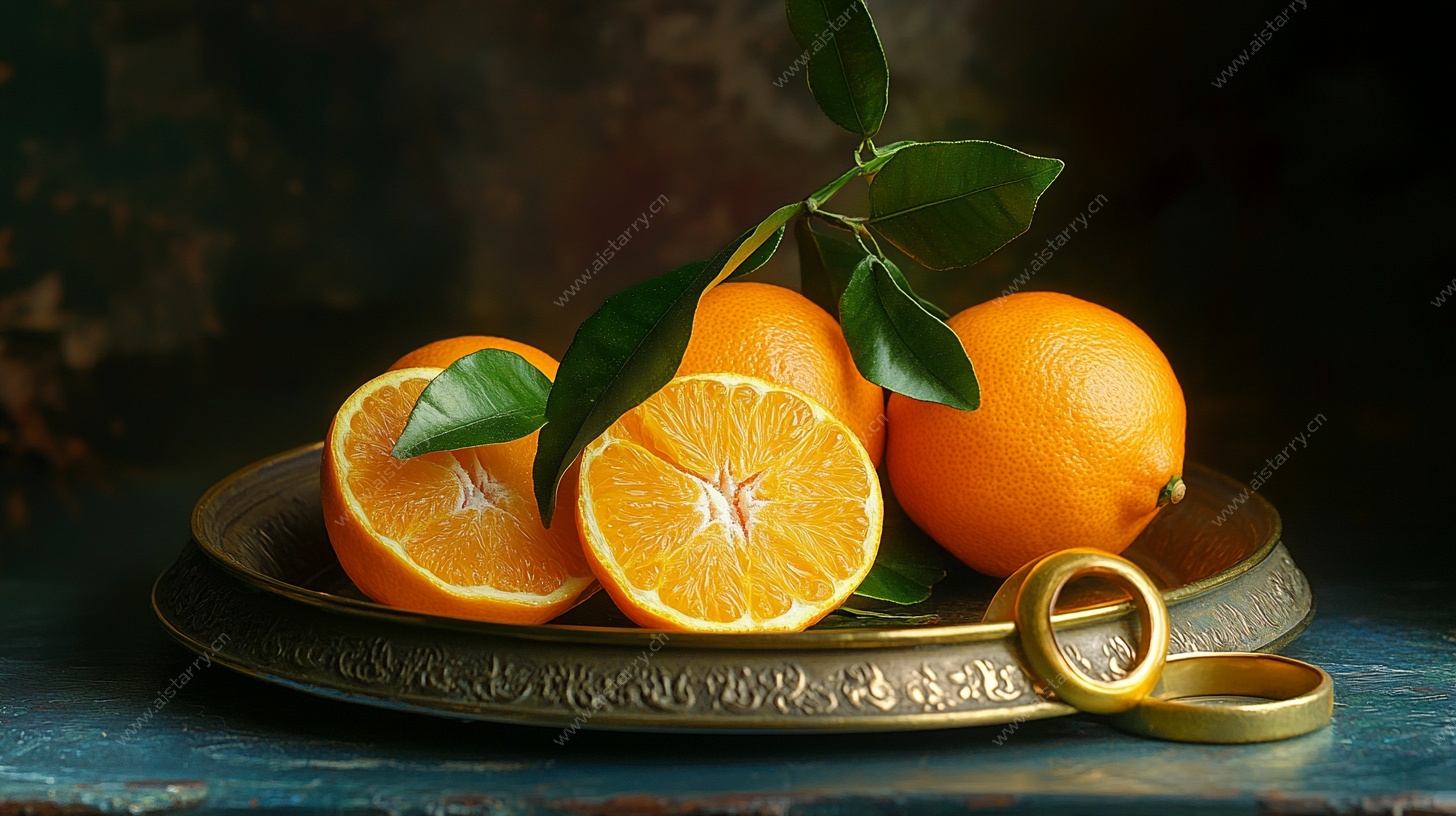 静物 柑橘与金饰的优雅组合