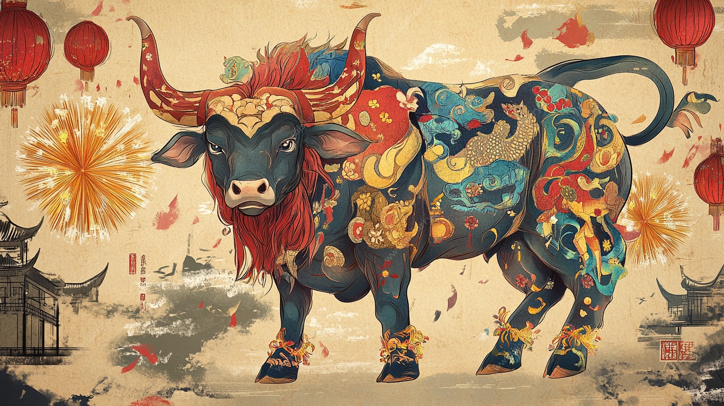 国风彩绘牛 喜庆贺岁图