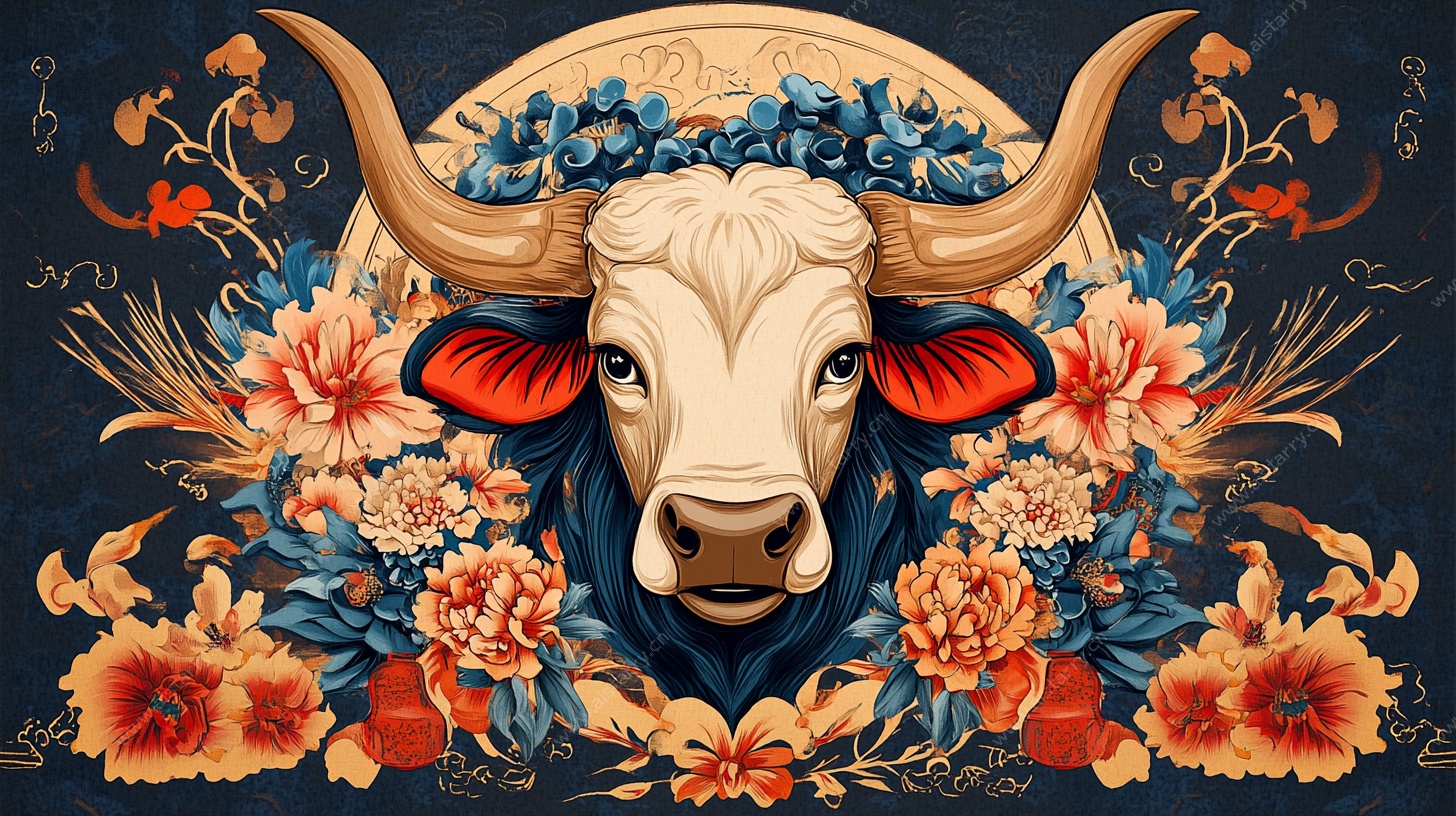 牛年花卉装饰插画