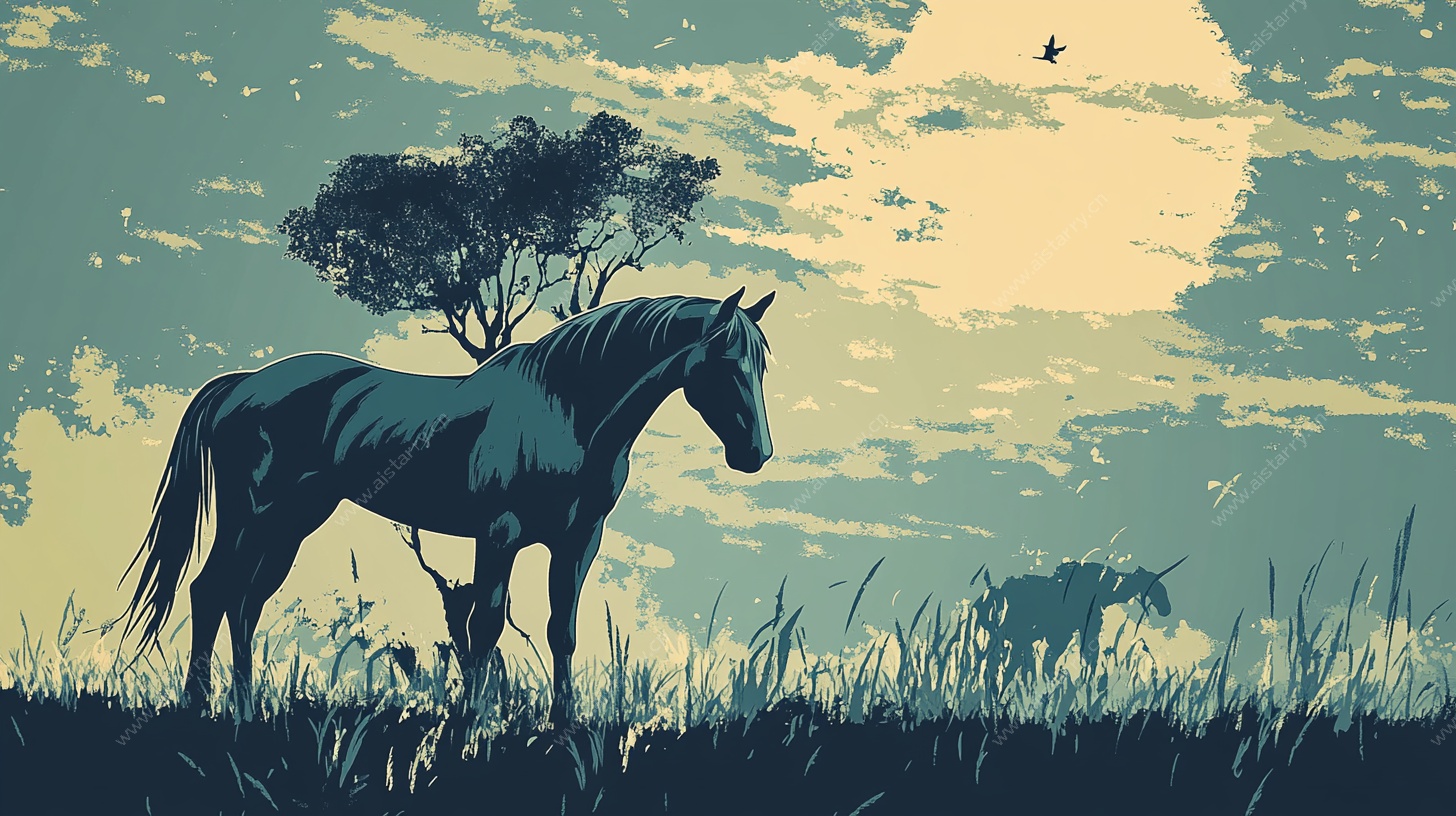 草原骏马剪影风景图