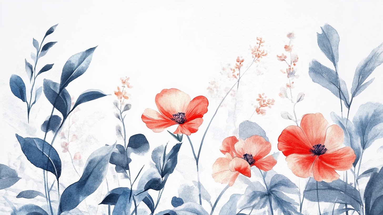 蓝白间的红罂粟花卉插画