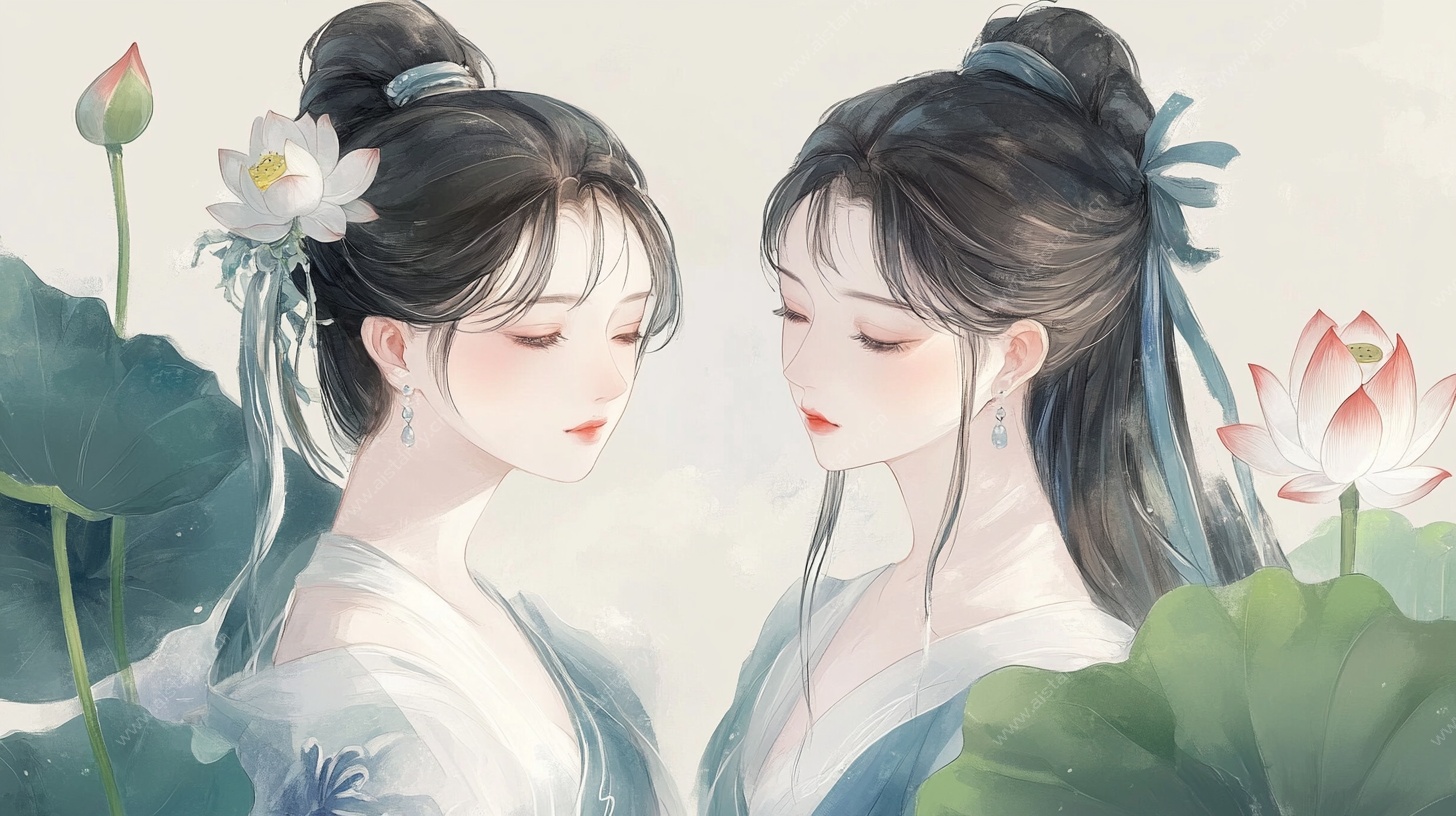 双姝荷畔图
