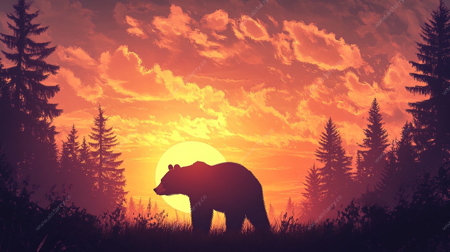 夕阳下的森林孤熊剪影