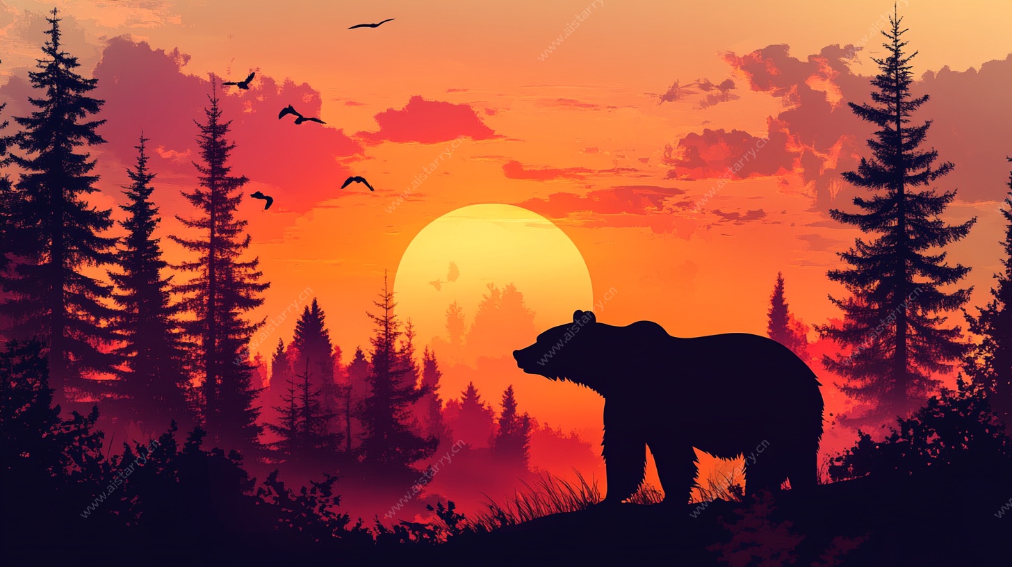 日落森林中的孤熊剪影