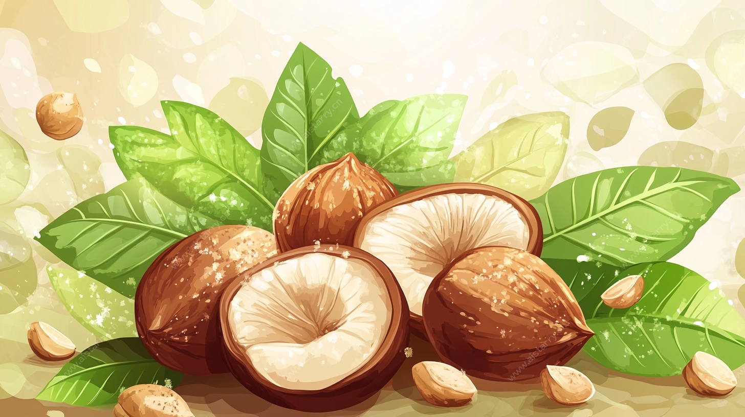 榛果插画 绿叶间的美味坚果