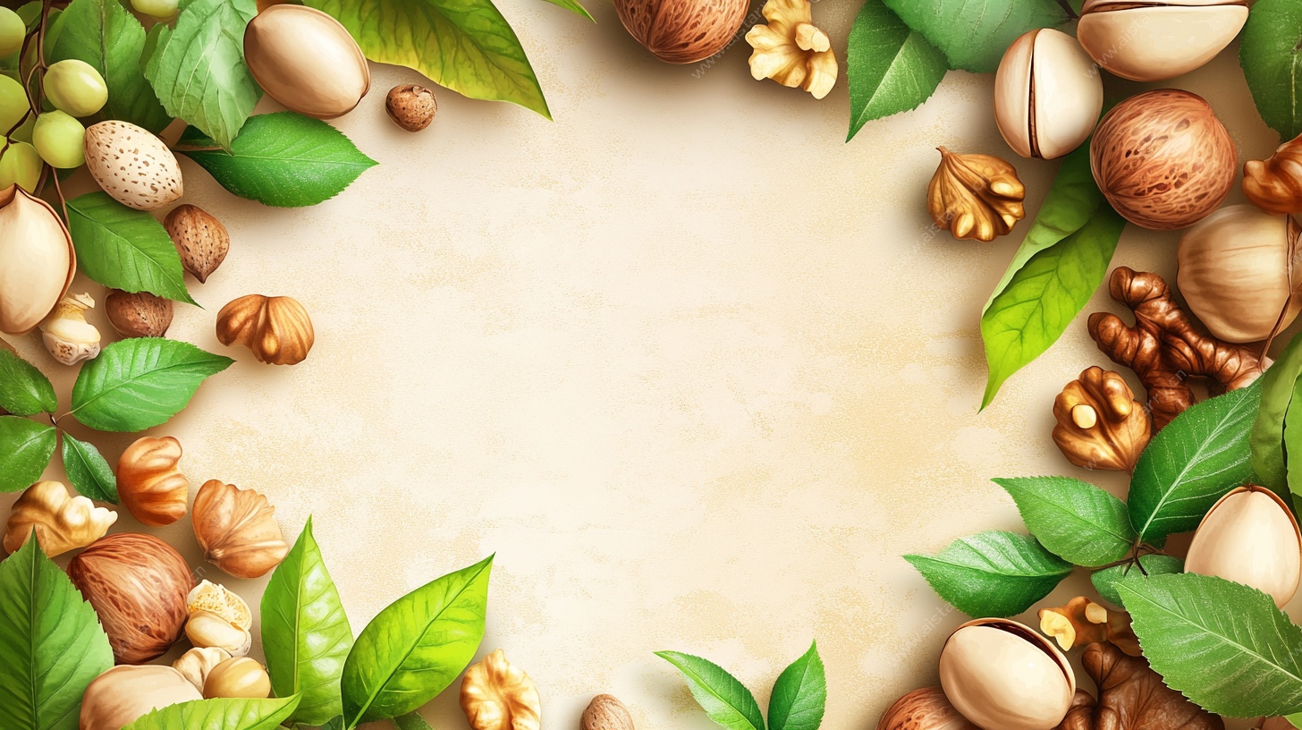 坚果绿叶环绕的自然边框