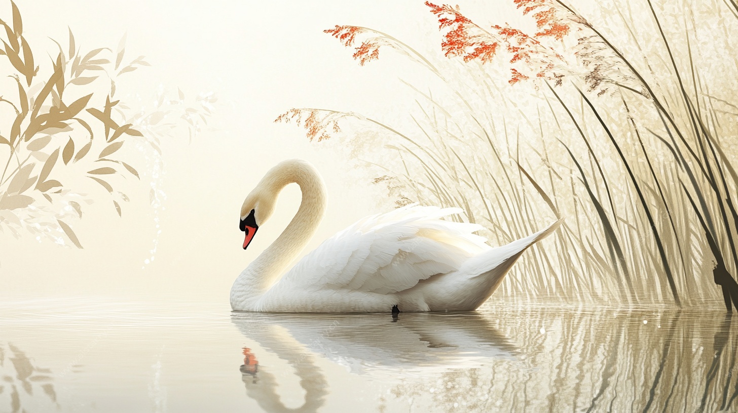 天鹅静浮于芦苇湖畔