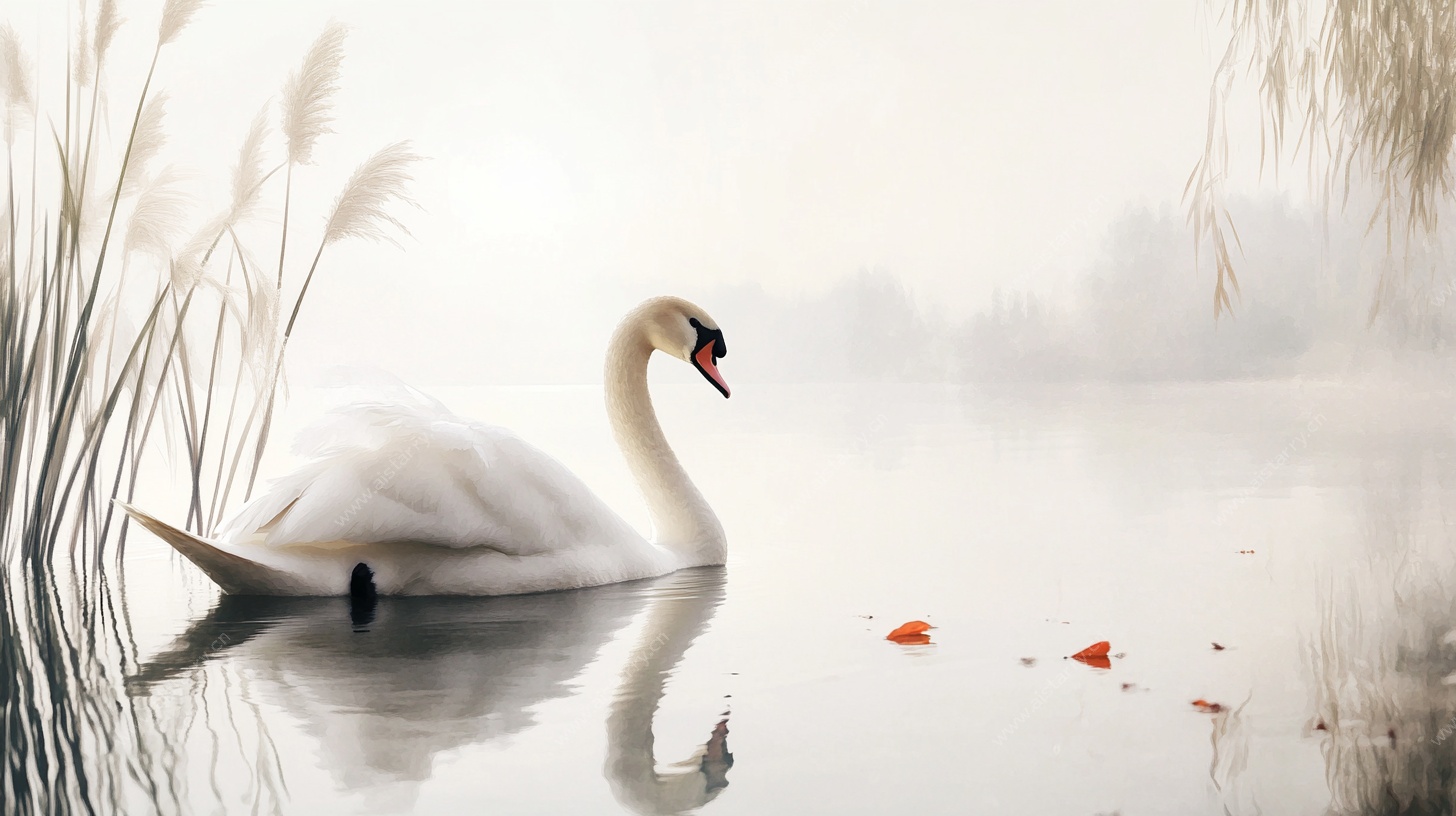 雾中天鹅静憩湖面