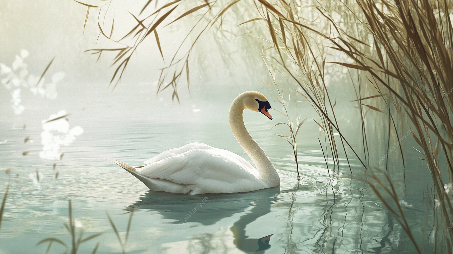 湖畔天鹅悠然图