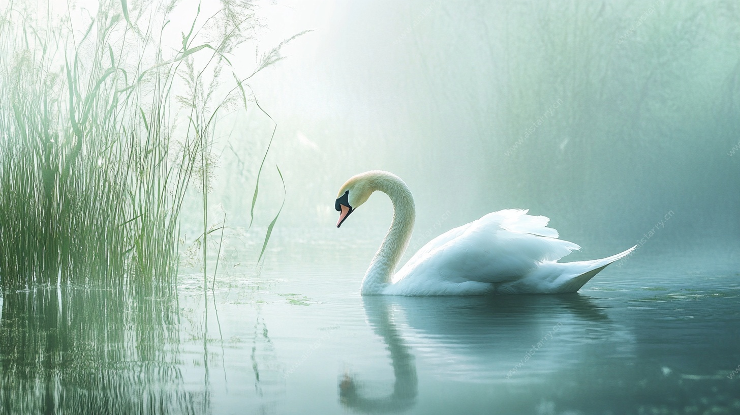 雾中天鹅湖畔悠然游弋