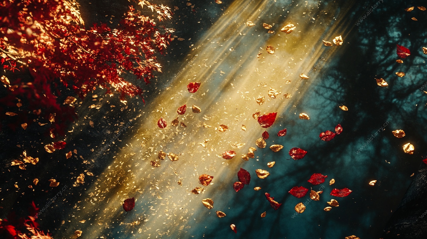 梦幻光束下飘落的红花瓣