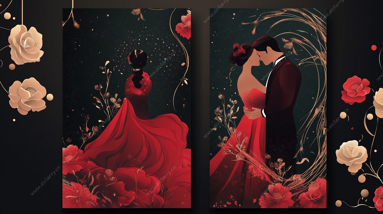 浪漫情侣红裙花卉插画