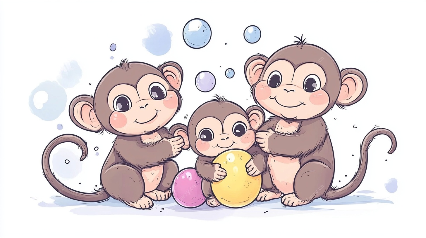 三只萌猴玩球泡泡图