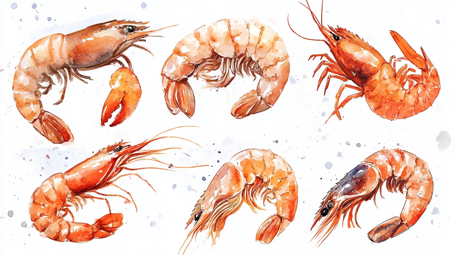 水彩风格多样鲜虾插画