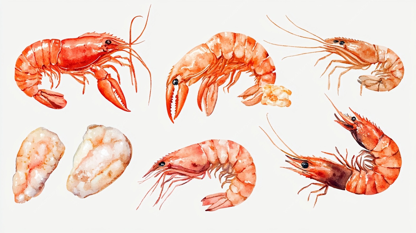 水彩绘虾与贝类海鲜集合