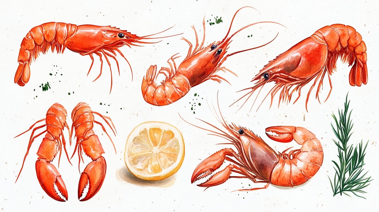 鲜虾插画配柠檬香草