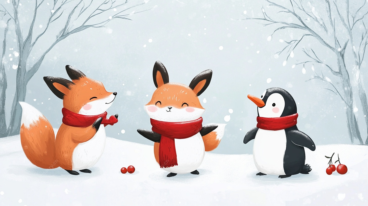 雪地中的动物伙伴