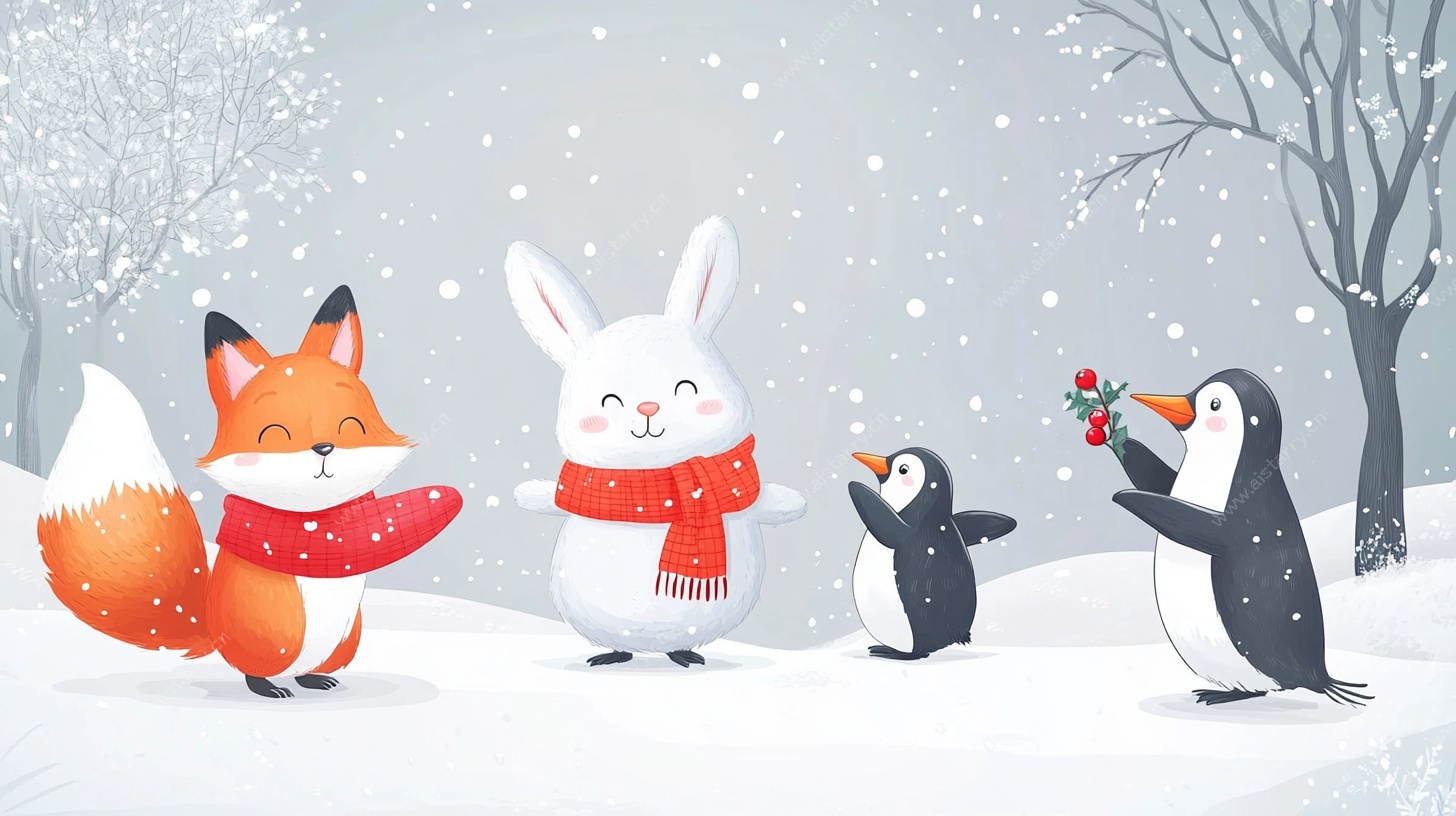 雪天里的动物欢乐聚会