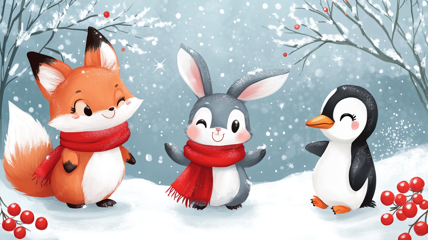 冬日萌宠欢乐雪景图