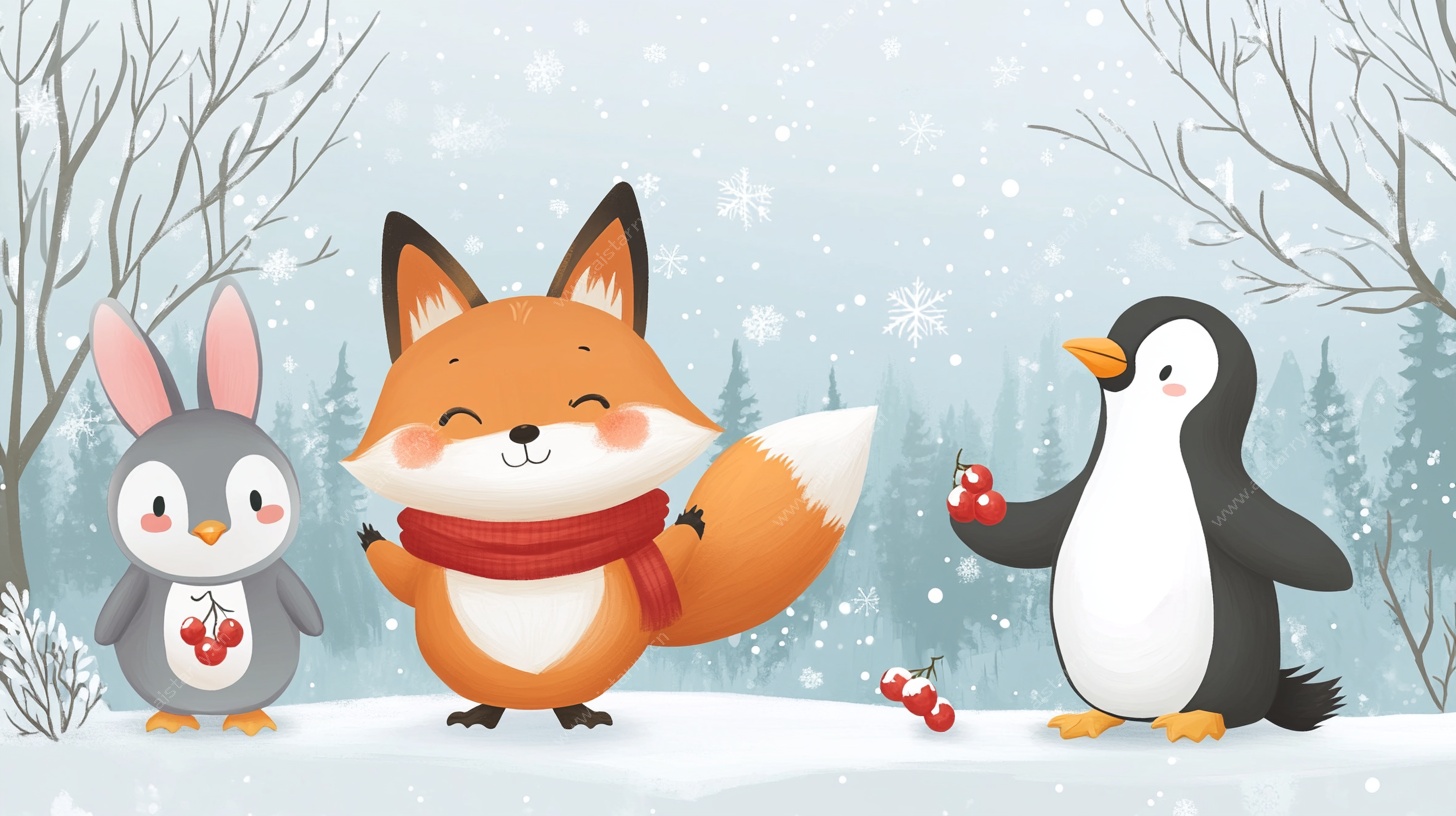 雪地中的动物伙伴