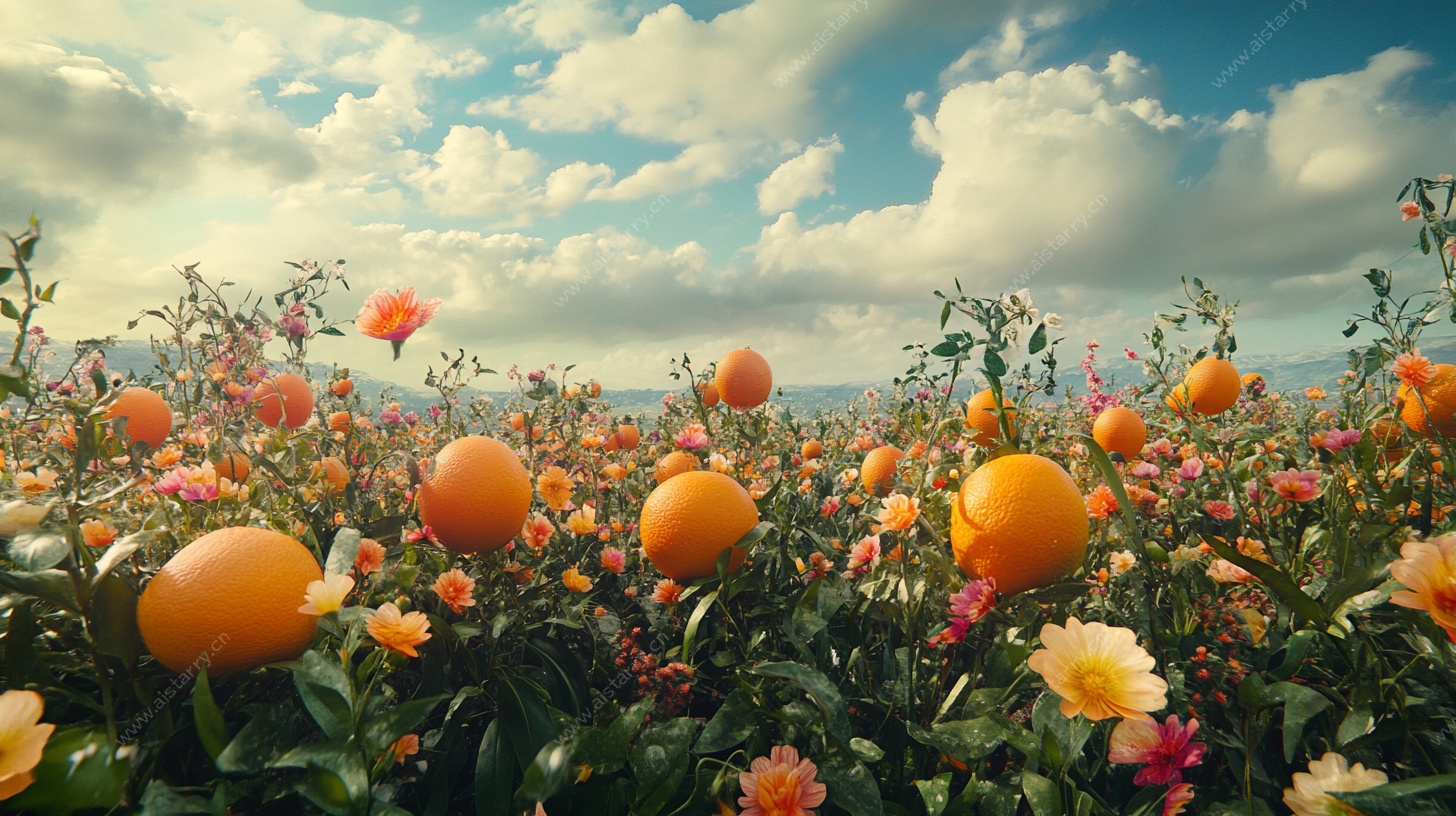 梦幻橙色花海田园风光