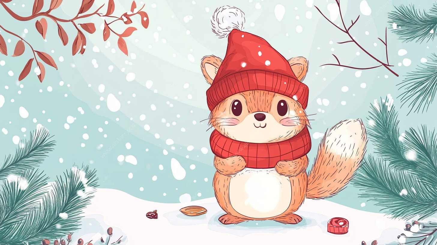 冬日戴帽松鼠可爱插画