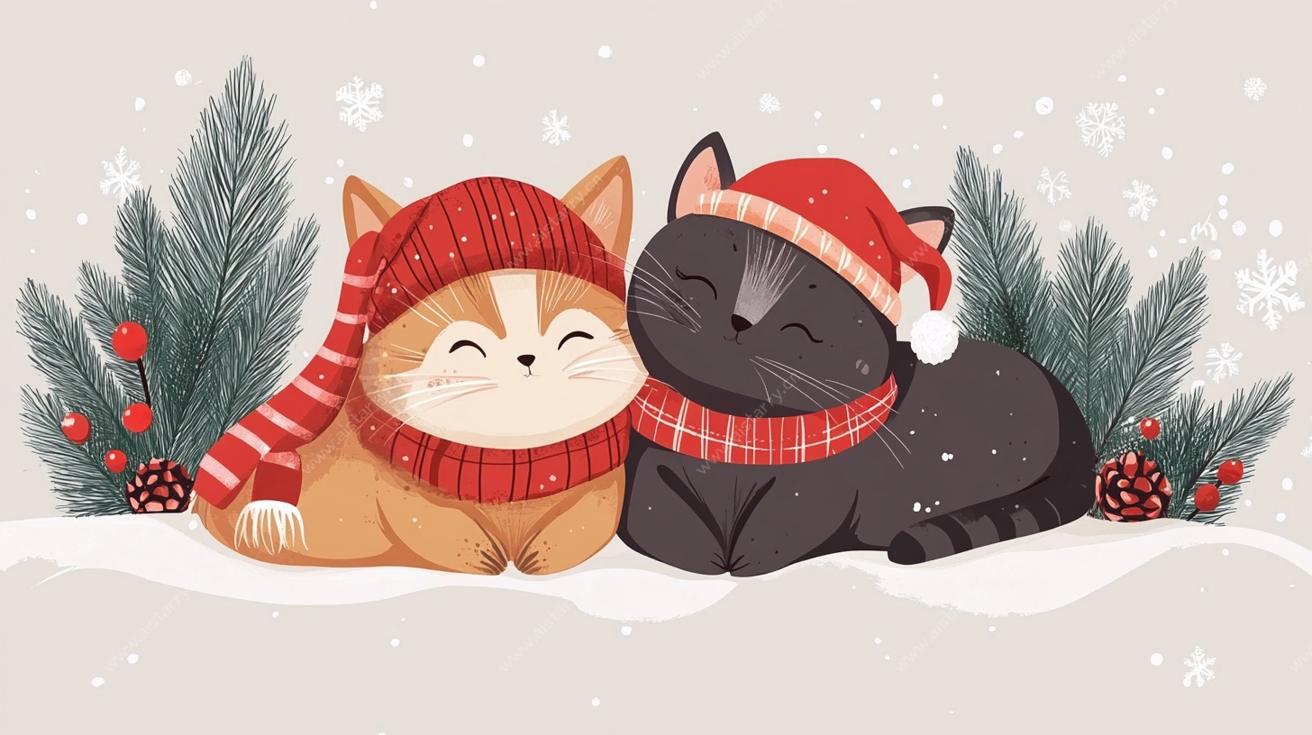 冬日双猫温馨依偎图