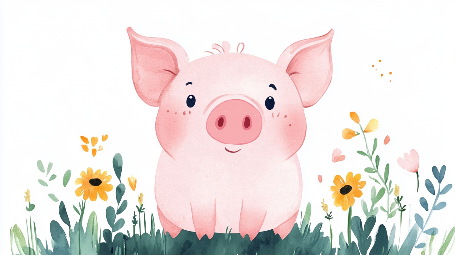 可爱小猪的田园水彩画