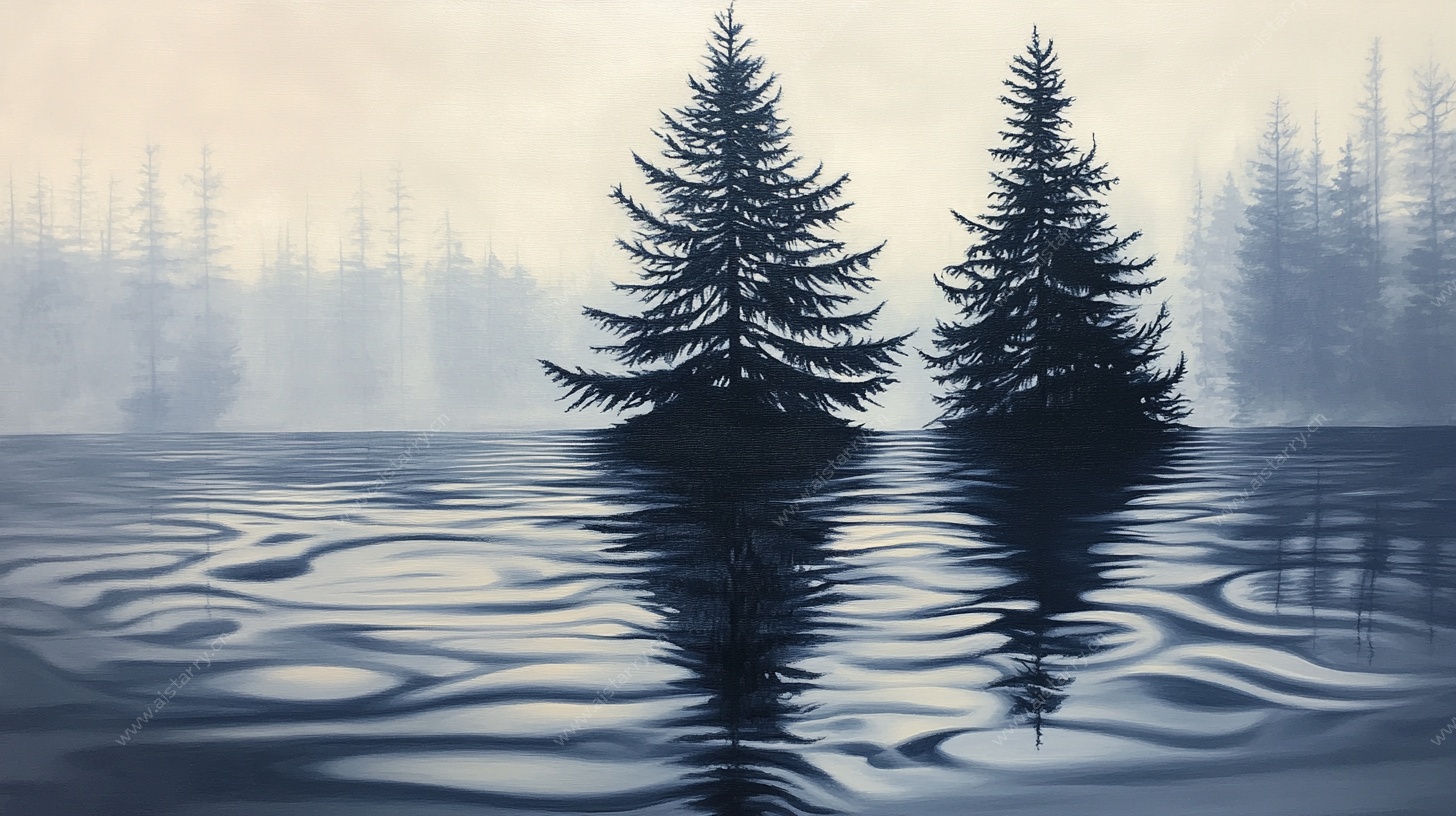 雾中双松映水景