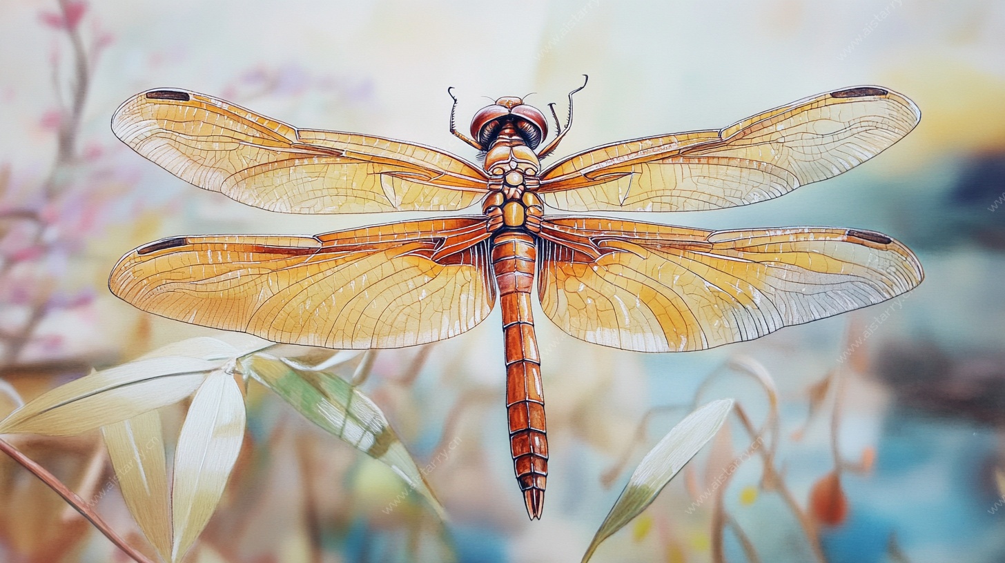 橙黄蜻蜓于花草间飞舞