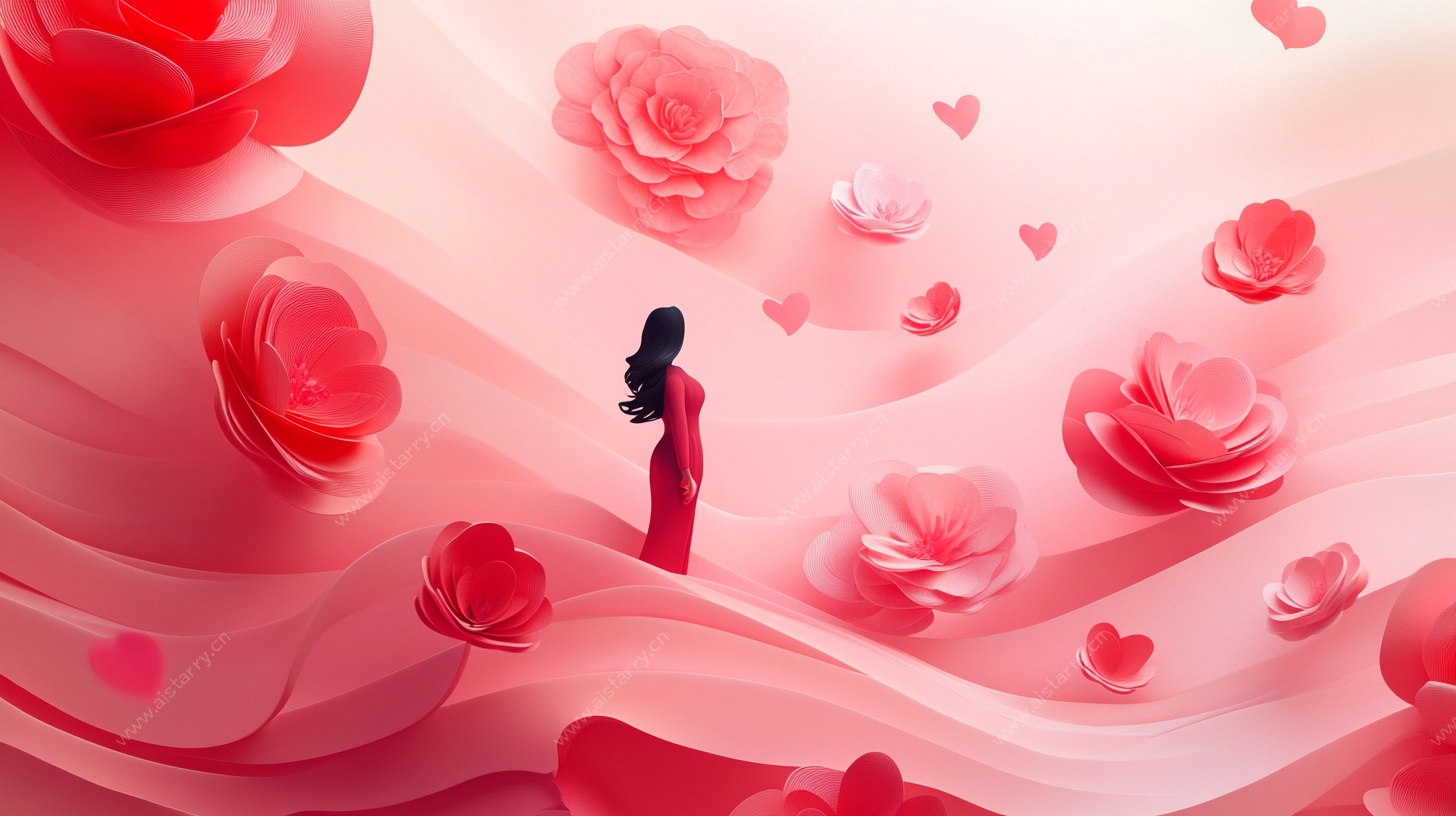 红衣女子置身玫瑰浪漫场景