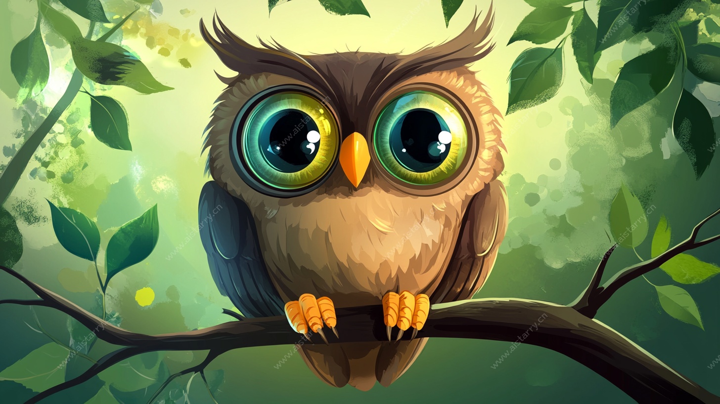 可爱猫头鹰栖于绿荫枝头