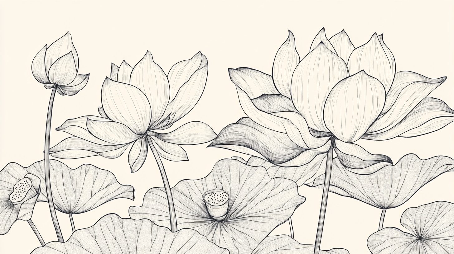 手绘荷花线稿图