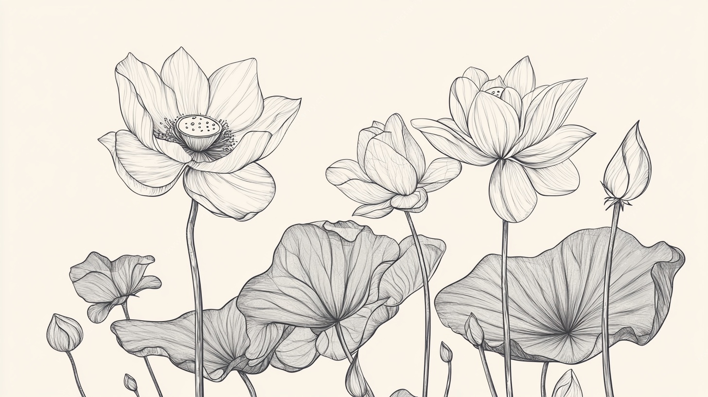 手绘荷花线稿插画